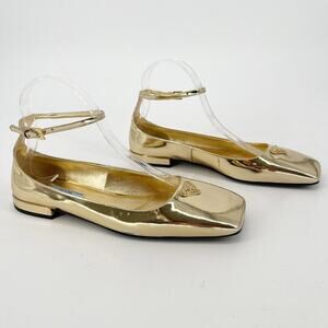 Prada Platino Gold Patent Leather Logo Ankle Strap Square Toe Ballet Flat IT 38